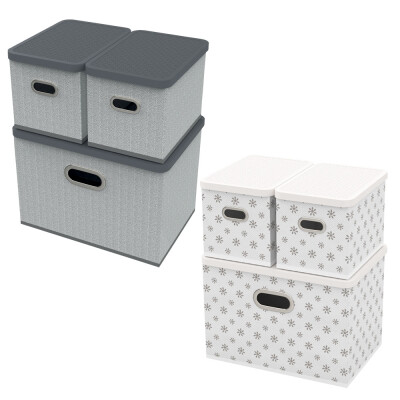 HomeLife Úložný box s víkem sada 3 ks - bílá kytičky + šedá 2 sady